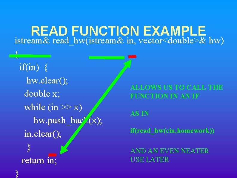 READ FUNCTION EXAMPLE istream& read_hw(istream& in, vector<double>& hw) { if(in) { hw. clear(); ALLOWS READ FUNCTION EXAMPLE istream& read_hw(istream& in, vector<double>& hw) { if(in) { hw. clear(); ALLOWS