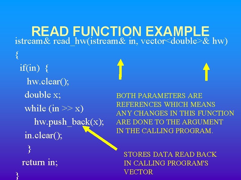 READ FUNCTION EXAMPLE istream& read_hw(istream& in, vector<double>& hw) { if(in) { hw. clear(); double READ FUNCTION EXAMPLE istream& read_hw(istream& in, vector<double>& hw) { if(in) { hw. clear(); double