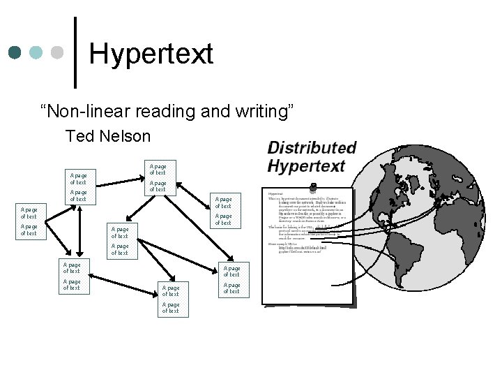 Hypertext “Non-linear reading and writing” Ted Nelson A page of text A page of