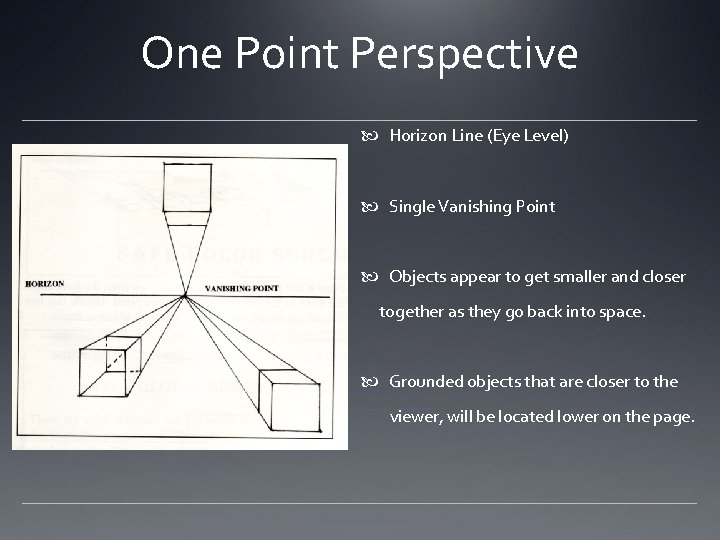 One Point Perspective Horizon Line (Eye Level) Single Vanishing Point Objects appear to get