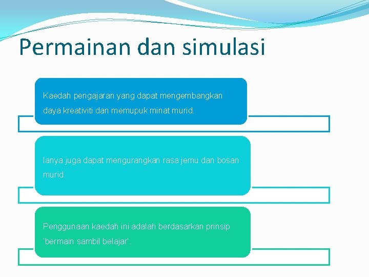 Permainan dan simulasi Kaedah pengajaran yang dapat mengembangkan daya kreativiti dan memupuk minat murid.