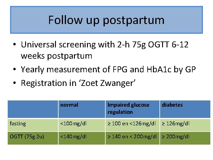 Follow up postpartum • Universal screening with 2 -h 75 g OGTT 6 -12