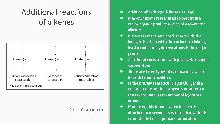Additional reactions of alkenes ● ● ● Types of carbocations ● Addition of hydrogen