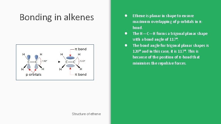 Bonding in alkenes ● ● ● Structure of ethene Ethene is planar in shape