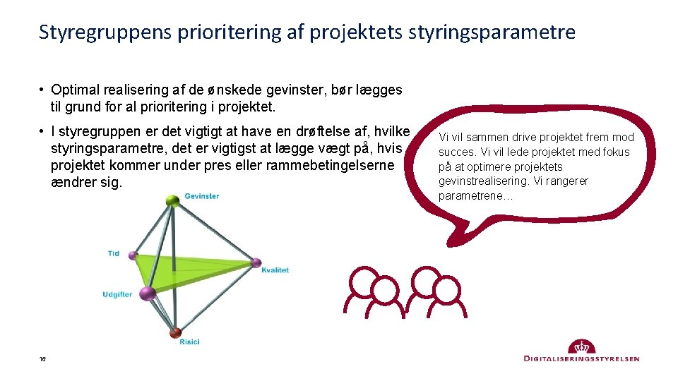 Styregruppens prioritering af projektets styringsparametre • Optimal realisering af de ønskede gevinster, bør lægges