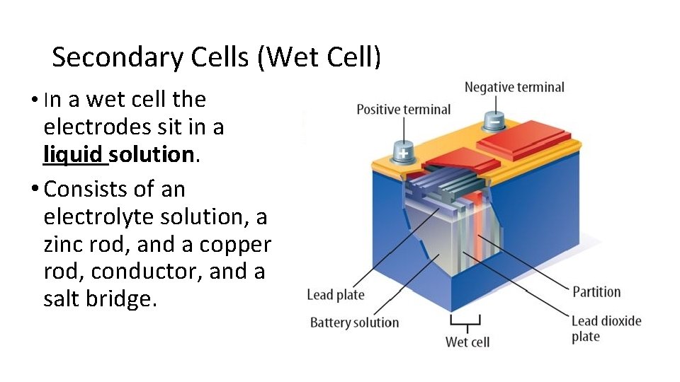 Secondary Cells (Wet Cell) • In a wet cell the electrodes sit in a