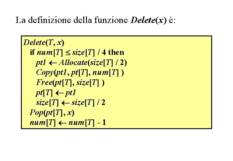 La definizione della funzione Delete(x) è: Delete(T, x) if num[T] size[T] / 4 then