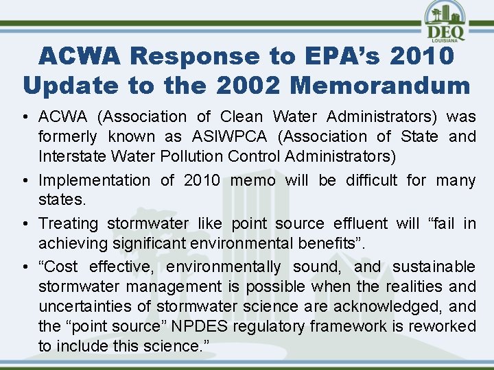 ACWA Response to EPA’s 2010 Update to the 2002 Memorandum • ACWA (Association of