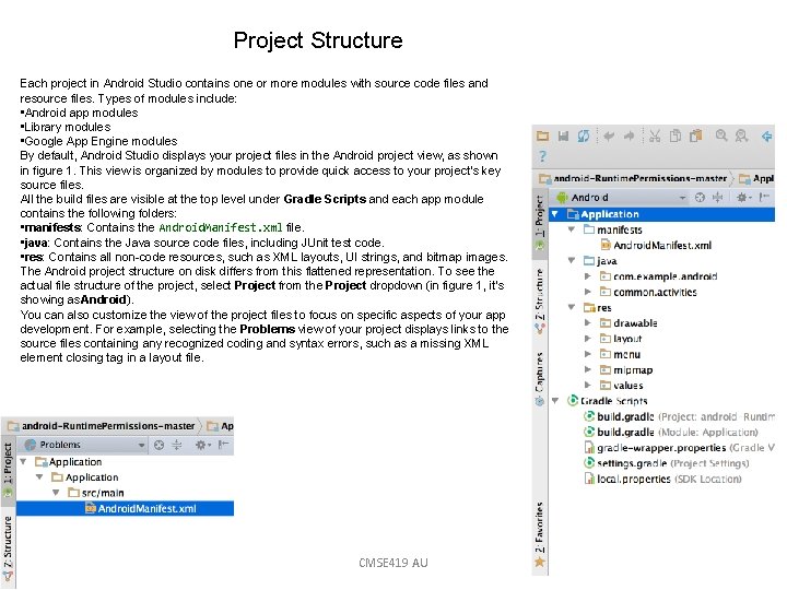 Project Structure Each project in Android Studio contains one or more modules with source