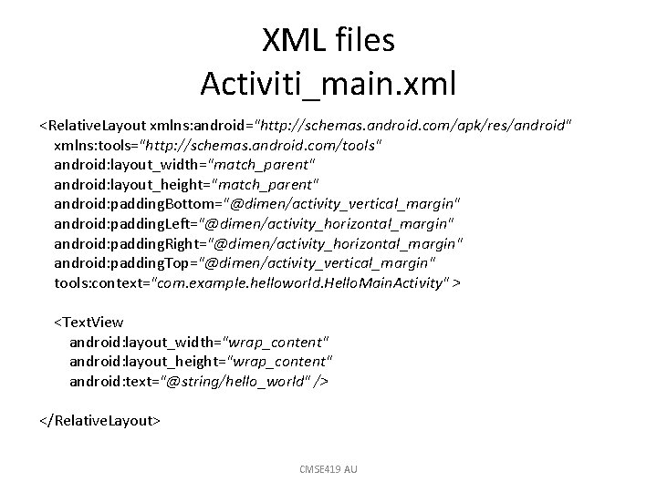 XML files Activiti_main. xml <Relative. Layout xmlns: android="http: //schemas. android. com/apk/res/android" xmlns: tools="http: //schemas.