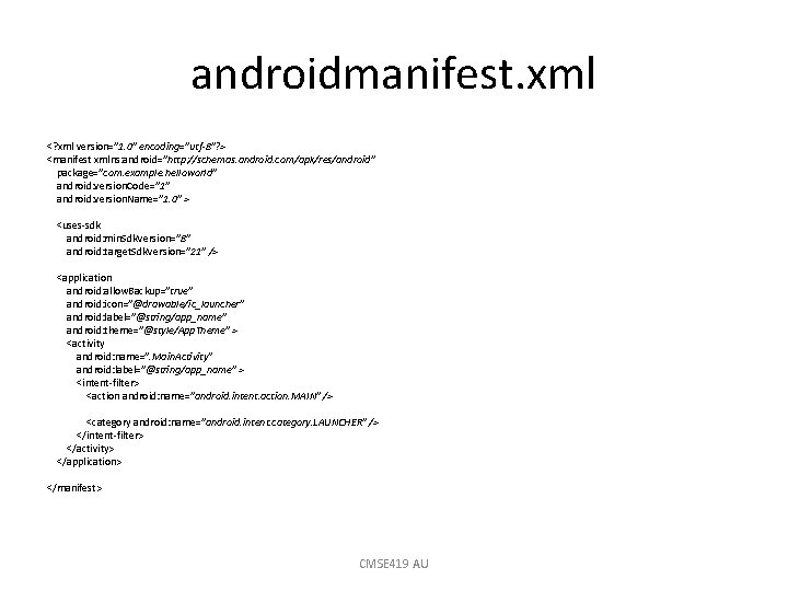 androidmanifest. xml <? xml version="1. 0" encoding="utf-8"? > <manifest xmlns: android="http: //schemas. android. com/apk/res/android"