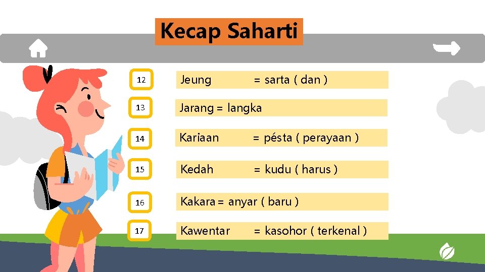 Kecap Saharti 12 Jeung = sarta ( dan ) 13 Jarang = langka 14