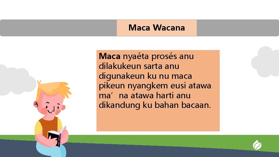 Maca Wacana Maca nyaéta prosés anu dilakukeun sarta anu digunakeun ku nu maca pikeun