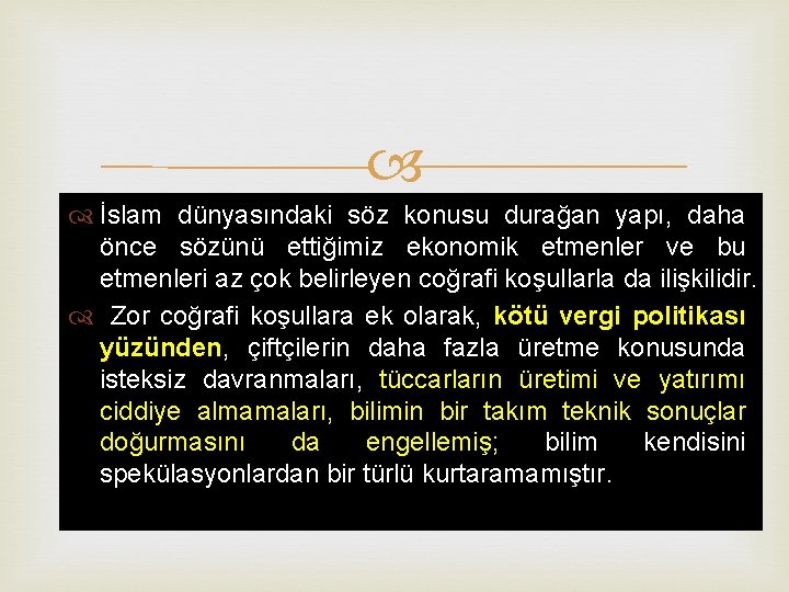  İslam dünyasındaki söz konusu durağan yapı, daha önce sözünü ettiğimiz ekonomik etmenler ve