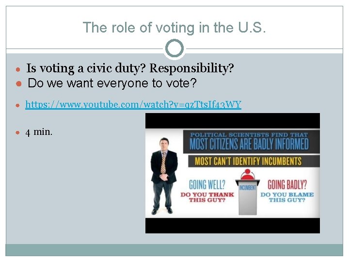 The role of voting in the U. S. Is voting a civic duty? Responsibility?