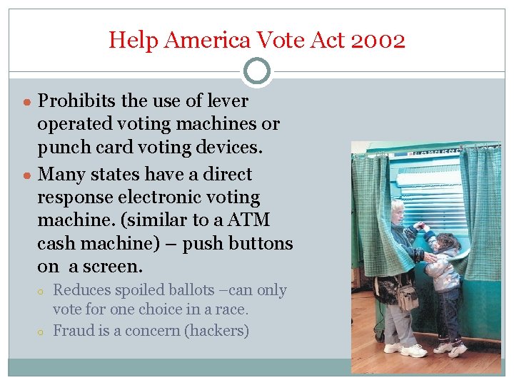 Help America Vote Act 2002 ● Prohibits the use of lever operated voting machines