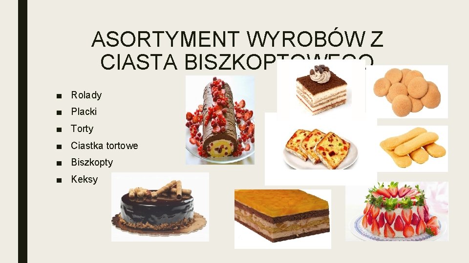 ASORTYMENT WYROBÓW Z CIASTA BISZKOPTOWEGO ■ Rolady ■ Placki ■ Torty ■ Ciastka tortowe