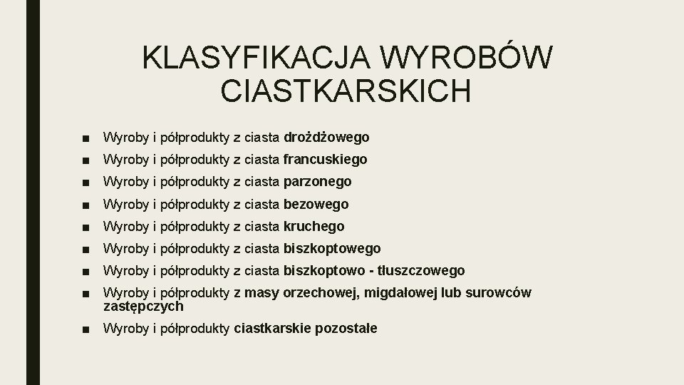 KLASYFIKACJA WYROBÓW CIASTKARSKICH ■ Wyroby i półprodukty z ciasta drożdżowego ■ Wyroby i półprodukty