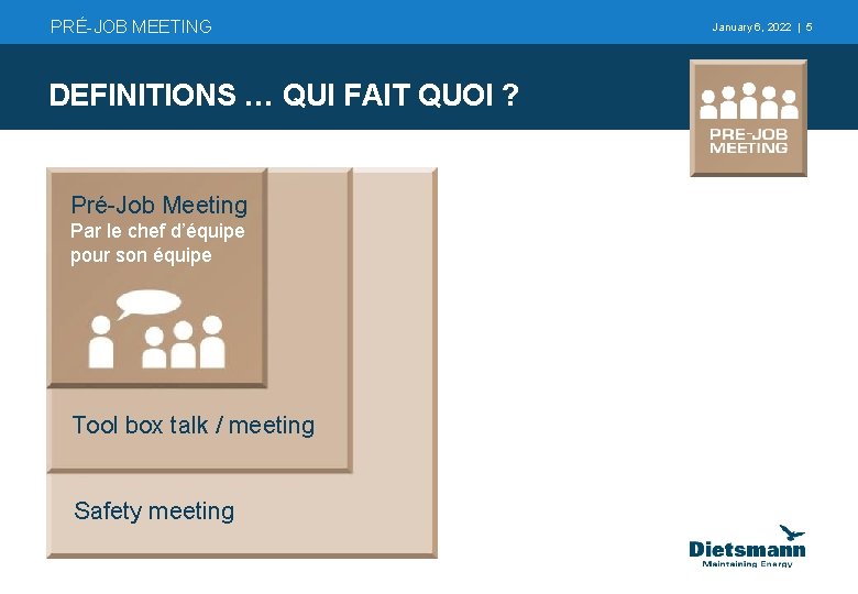 PRÉ-JOB MEETING DEFINITIONS … QUI FAIT QUOI ? Pré-Job Meeting Par le chef d’équipe