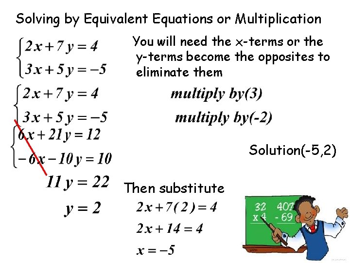 Solving by Equivalent Equations or Multiplication You will need the x-terms or the y-terms