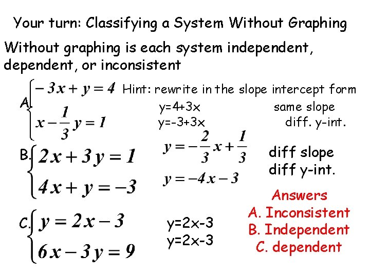 Your turn: Classifying a System Without Graphing Without graphing is each system independent, or