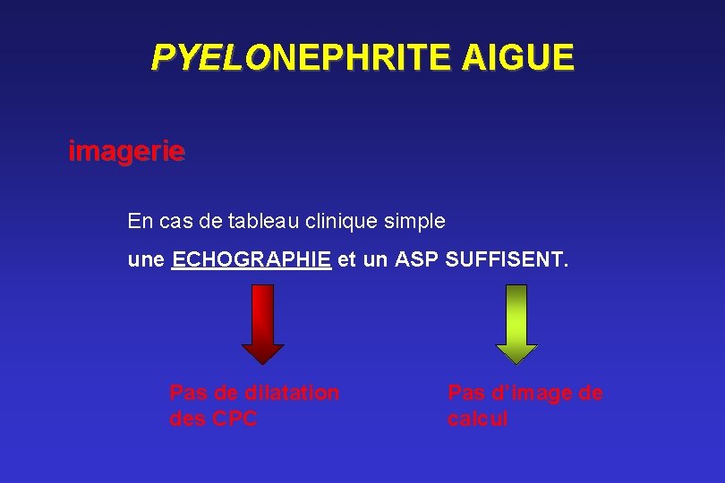 PYELONEPHRITE AIGUE imagerie En cas de tableau clinique simple une ECHOGRAPHIE et un ASP