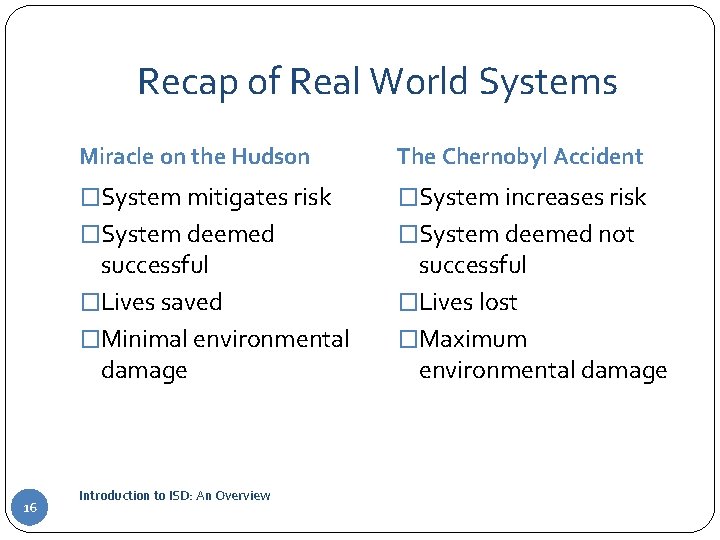 Recap of Real World Systems Miracle on the Hudson The Chernobyl Accident �System mitigates