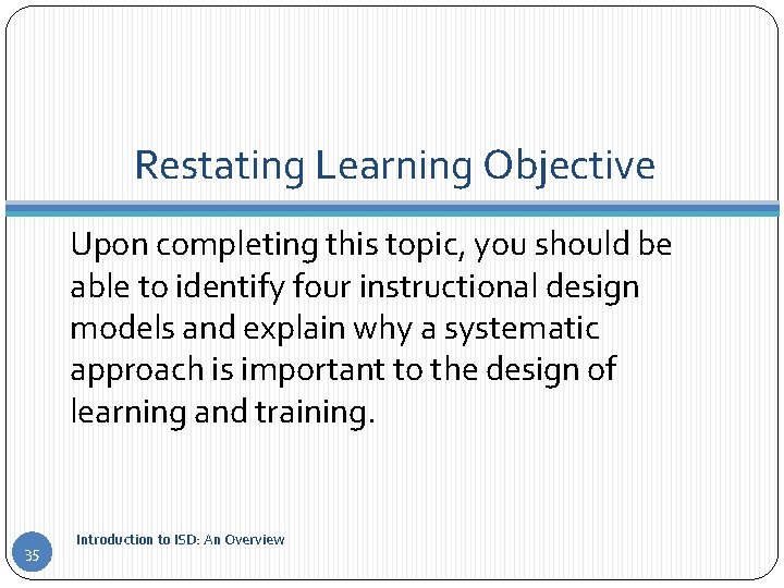 Restating Learning Objective Upon completing this topic, you should be able to identify four