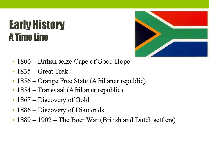 Early History A Time Line • 1806 – British seize Cape of Good Hope