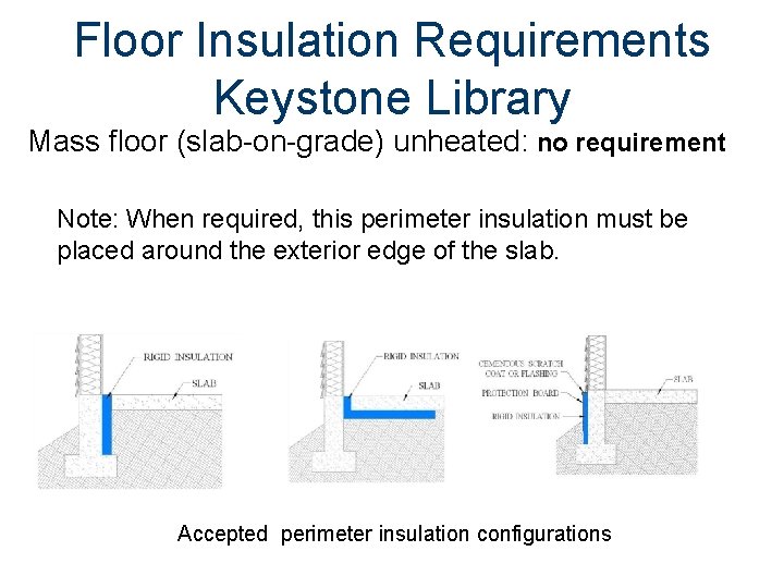 Floor Insulation Requirements Keystone Library Mass floor (slab-on-grade) unheated: no requirement Note: When required,