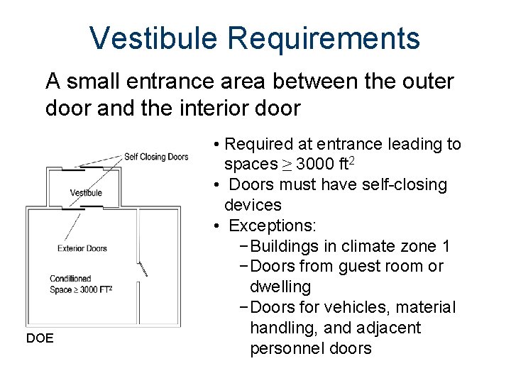 Vestibule Requirements A small entrance area between the outer door and the interior door