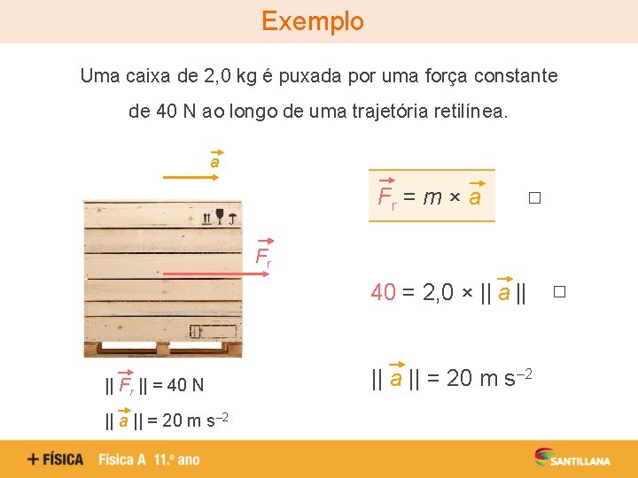 Exemplo Uma caixa de 2, 0 kg é puxada por uma força constante de