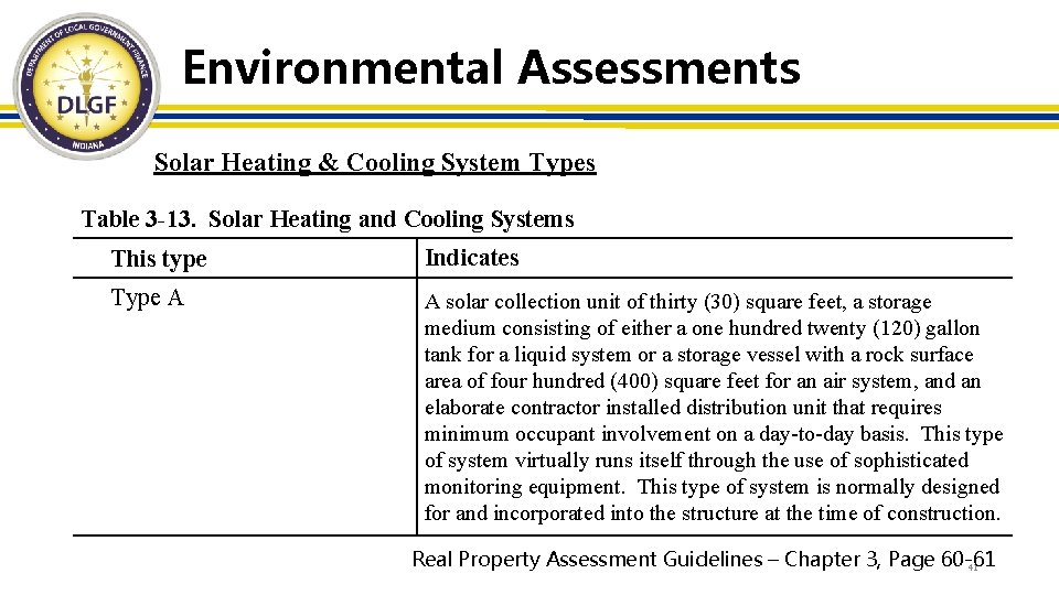 Environmental Assessments Solar Heating & Cooling System Types Table 3 -13. Solar Heating and