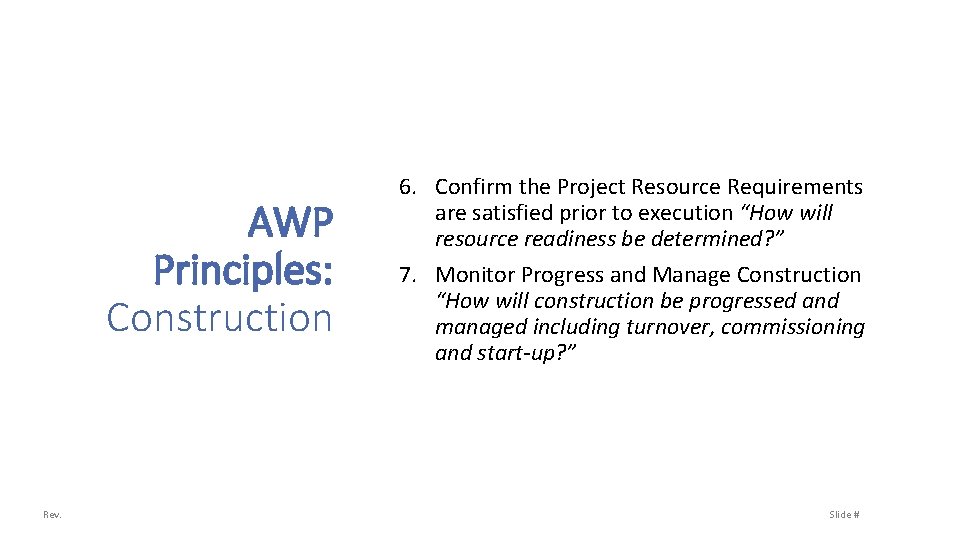 AWP Principles: Construction Rev. 6. Confirm the Project Resource Requirements are satisfied prior to