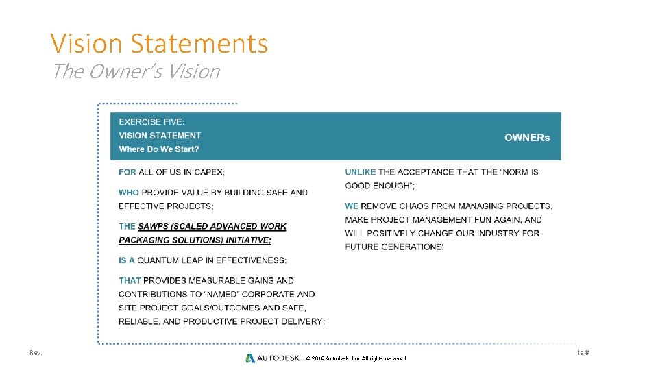Vision Statements The Owner’s Vision Rev. © 2019 Autodesk, Inc. All rights reserved Slide