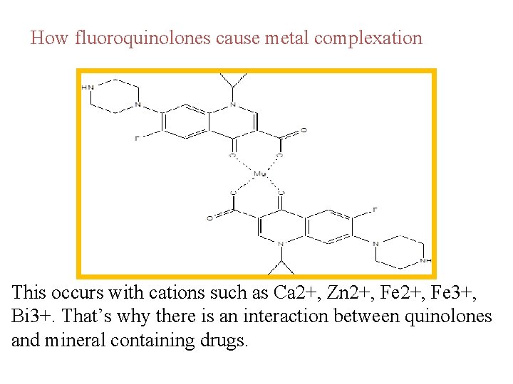 How fluoroquinolones cause metal complexation This occurs with cations such as Ca 2+, Zn
