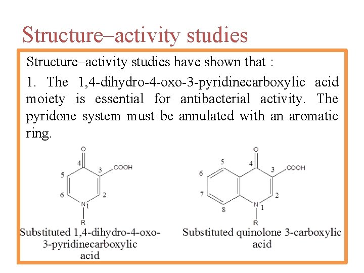 Structure–activity studies have shown that : 1. The 1, 4 -dihydro-4 -oxo-3 -pyridinecarboxylic acid
