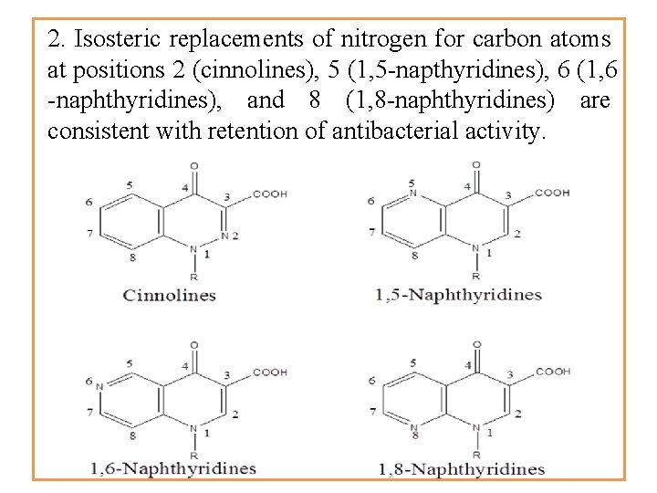 2. Isosteric replacements of nitrogen for carbon atoms at positions 2 (cinnolines), 5 (1,