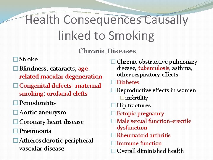 Health Consequences Causally linked to Smoking Chronic Diseases �Stroke �Blindness, cataracts, agerelated macular degeneration