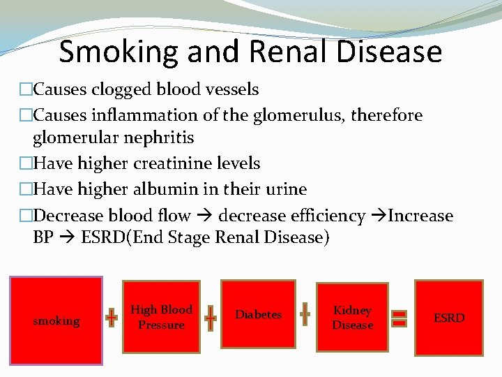 Smoking and Renal Disease �Causes clogged blood vessels �Causes inflammation of the glomerulus, therefore