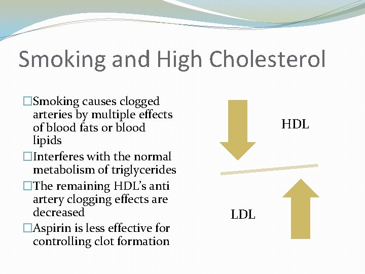 Smoking and High Cholesterol �Smoking causes clogged arteries by multiple effects of blood fats