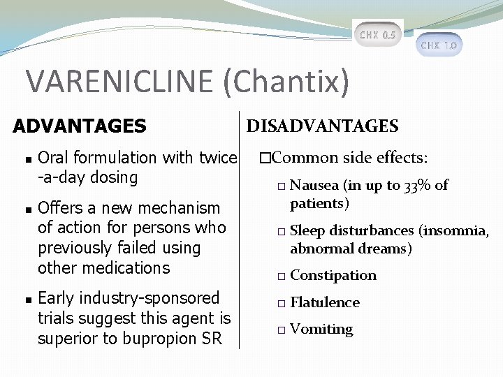 VARENICLINE (Chantix) ADVANTAGES n n n Oral formulation with twice -a-day dosing Offers a