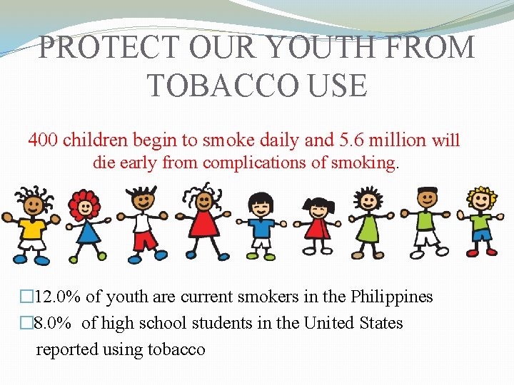PROTECT OUR YOUTH FROM TOBACCO USE 400 children begin to smoke daily and 5.