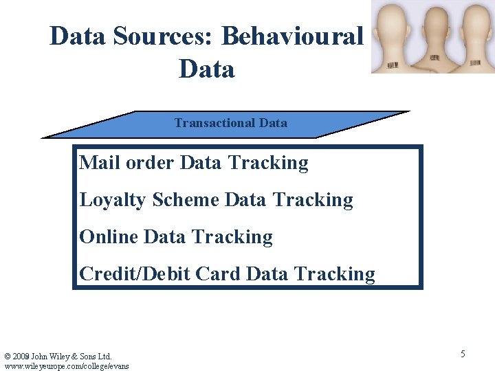Data Sources: Behavioural Data Transactional Data Mail order Data Tracking Loyalty Scheme Data Tracking