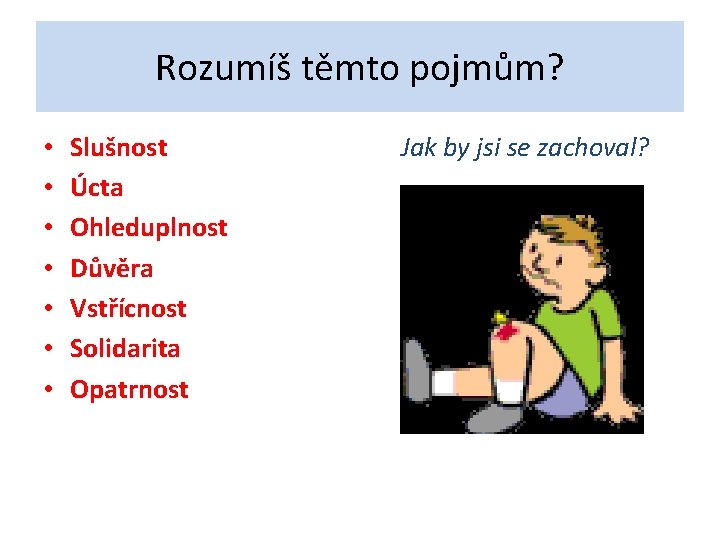 Rozumíš těmto pojmům? • • Slušnost Úcta Ohleduplnost Důvěra Vstřícnost Solidarita Opatrnost Jak by