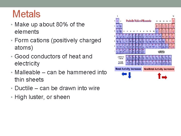 Metals • Make up about 80% of the elements • Form cations (positively charged