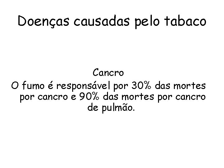 Doenças causadas pelo tabaco Cancro O fumo é responsável por 30% das mortes por