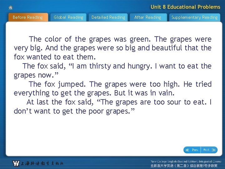 Before Reading Global Reading Detailed Reading After Reading Supplementary Reading The color of the