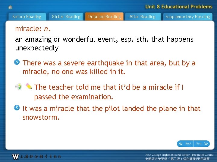 Before Reading Global Reading Detailed Reading After Reading Supplementary Reading miracle: n. an amazing