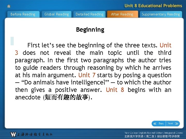 Before Reading Global Reading Detailed Reading After Reading Supplementary Reading Beginning First let’s see